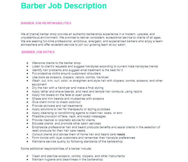 barber job description template
