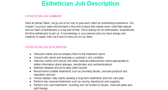 Esthetician job description template