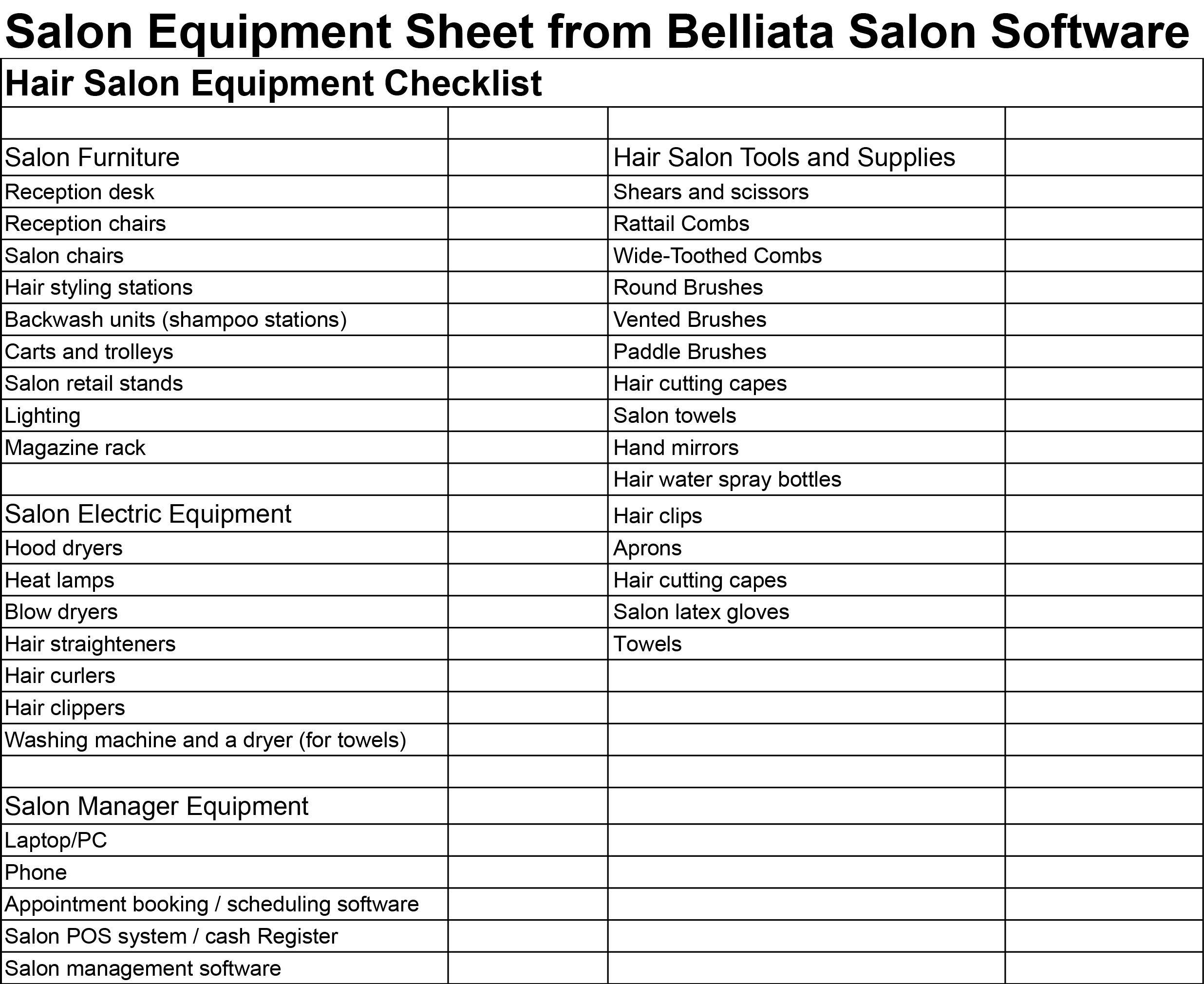 Hair salon equipment checklist