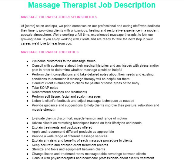 Massage therapist job description