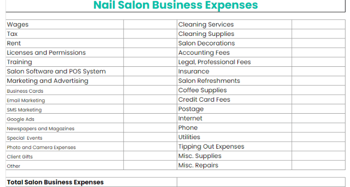 Nail Salon Expense Sheet