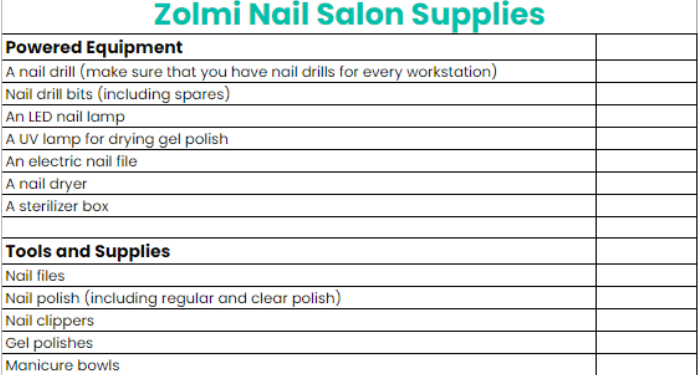 nail salon supplies template
