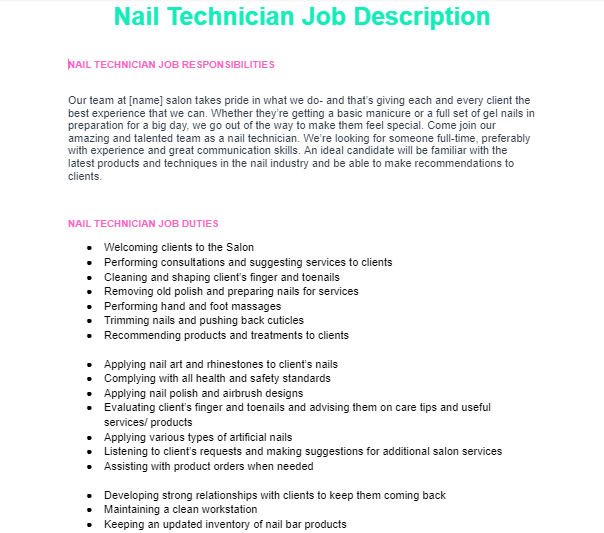 Nail technician job description