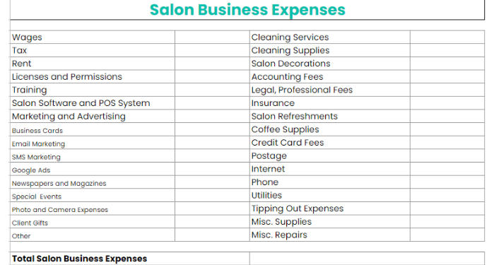 salon expense sheet template