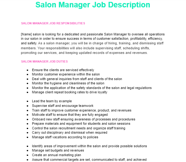 Salon manager job description
