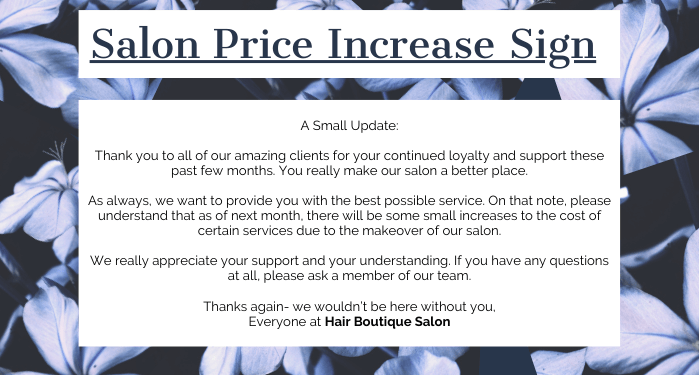 Salon price increase sign