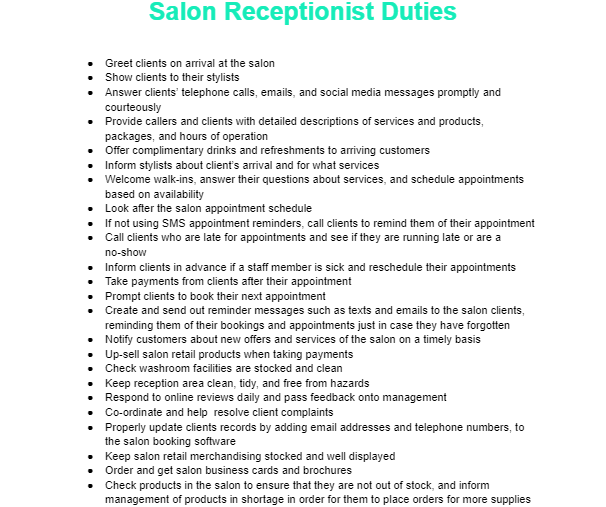 Salon receptionist duties template