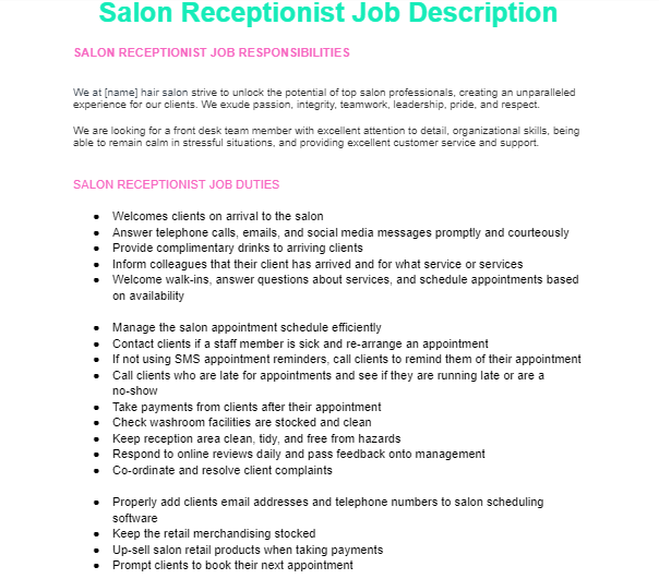 Salon Receptionists Job Description 