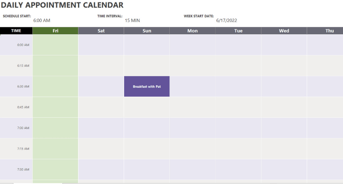 Weekly appointment calendar template